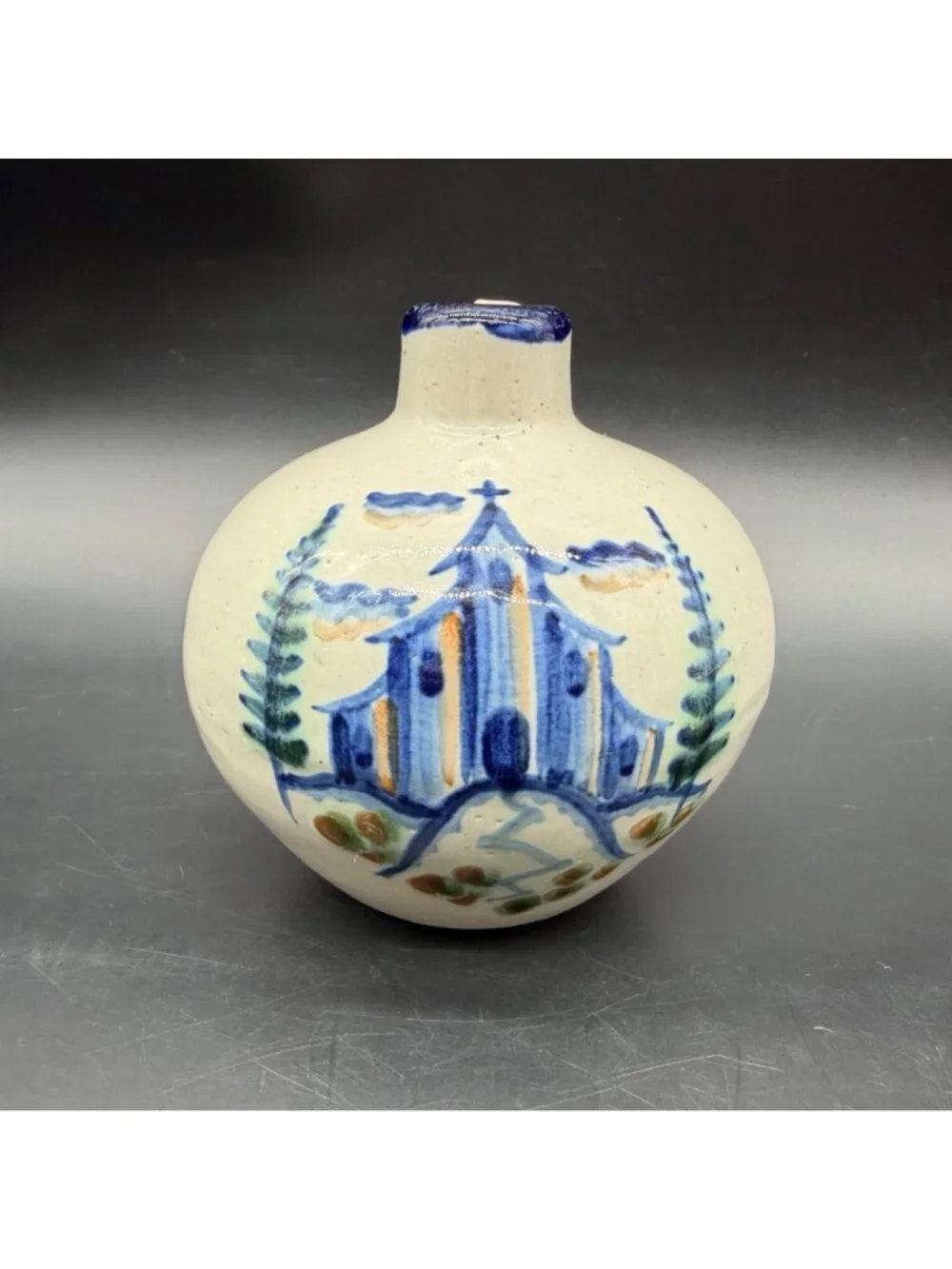 John B Taylor Hand Painted Pottery Jug Blue Church Mission Pines On Hill Vintage